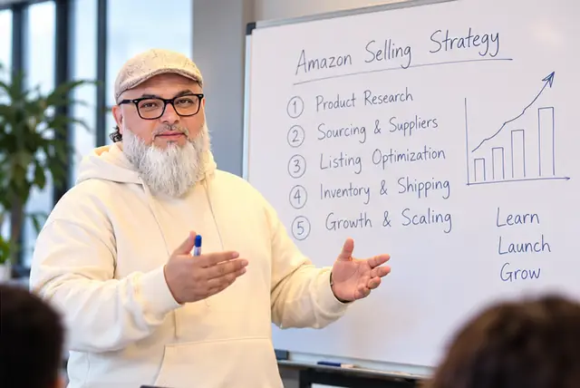Concept image: Rashid Elahi at a whiteboard outlining an Amazon selling strategy: product research, sourcing, listing optimization, inventory and growth