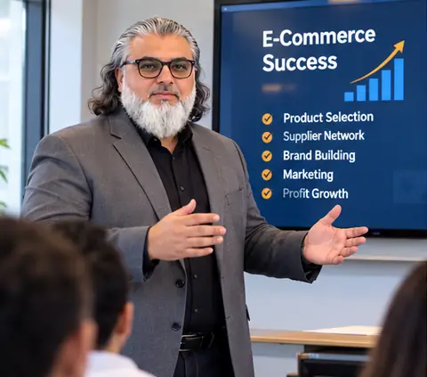 Concept image: Rashid Elahi presenting an e-commerce training session to a small group