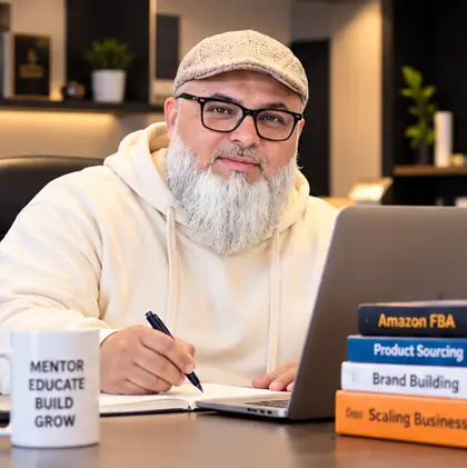 Concept image: Rashid Elahi taking notes at a desk with a laptop, a mentoring session setting