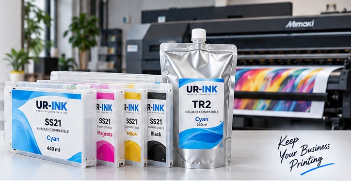 UR-INK compatible ink cartridges (SS21 Cyan, Magenta, Yellow, Black) and a TR2 ink pouch in front of a wide-format printer
